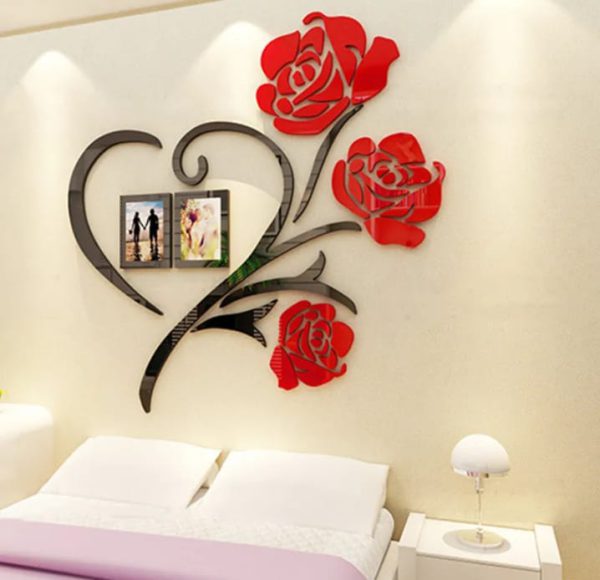 Acrylic Red Rose Heart Flower With 2 Picture Frames Wooden Wall Decoration